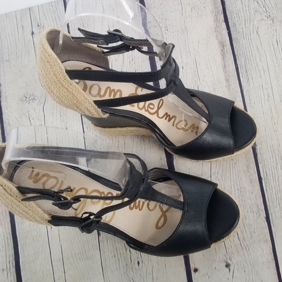 Sam Edelman Black T Strap, Stappy Woven Wedge - Picture 5 of 8